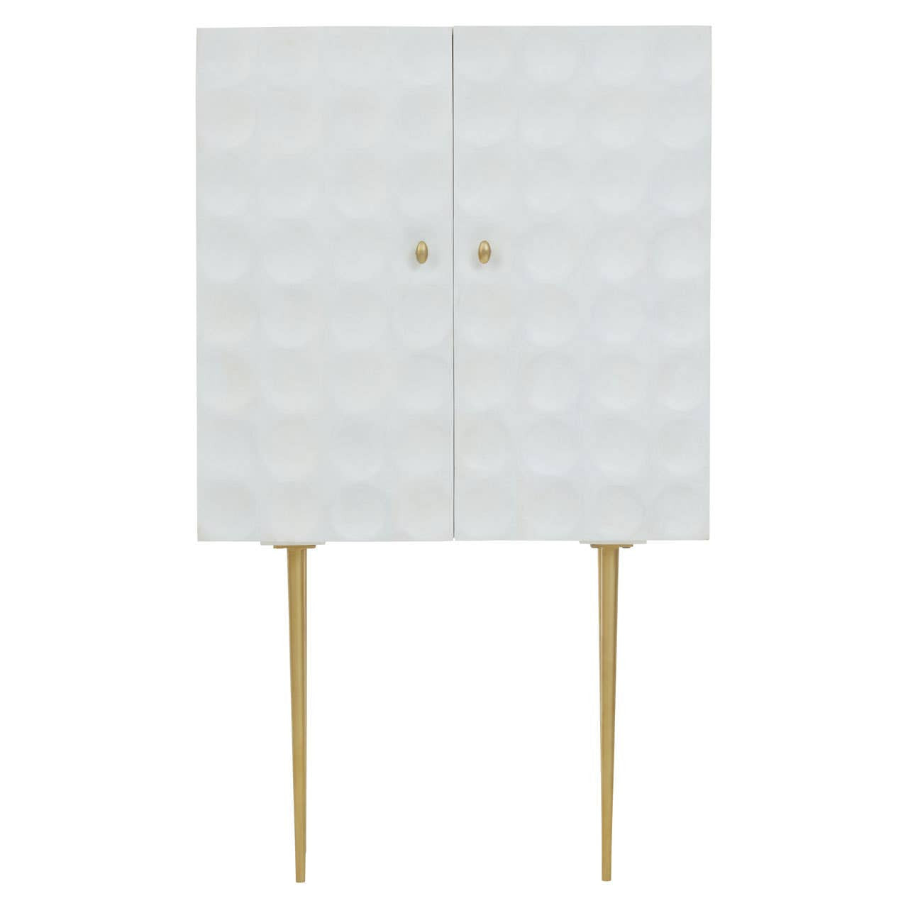 Cream finish two-door cabinet made from mango wood, featuring a textured front with a geometric pattern, gold knobs, and slender gold legs for support