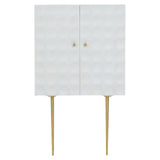 Cream finish two-door cabinet made from mango wood, featuring a textured front with a geometric pattern, gold knobs, and slender gold legs for support
