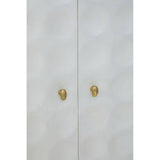 Cream finish two-door cabinet made from mango wood, featuring a textured geometric pattern on the doors and elegant gold handles