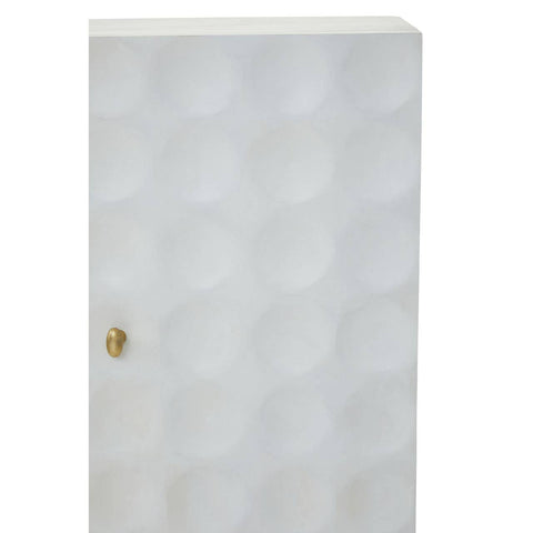 Cream finish two-door cabinet made from mango wood, featuring a textured geometric pattern on the surface and a gold-colored handle. The cabinet has a sleek, modern design suitable for home decor