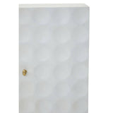 Cream finish two-door cabinet made from mango wood, featuring a textured geometric pattern on the surface and a gold-colored handle. The cabinet has a sleek, modern design suitable for home decor