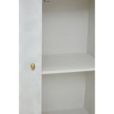 Cream finish mango wood cabinet featuring two doors with a simple round brass handle, showcasing two spacious shelves inside. The cabinet has a minimalist design, emphasizing a light and airy aesthetic