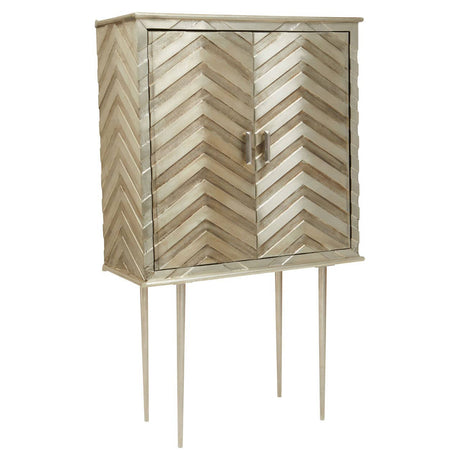 Two-door cabinet with a chevron pattern in a light metallic finish, featuring sleek legs and a minimalist design, suitable for home decor