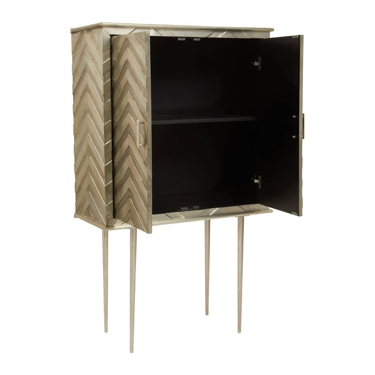Two-door cabinet with a herringbone pattern on the exterior, featuring a black interior and supported by slender gold legs. The cabinet doors are slightly ajar, revealing a spacious shelf inside