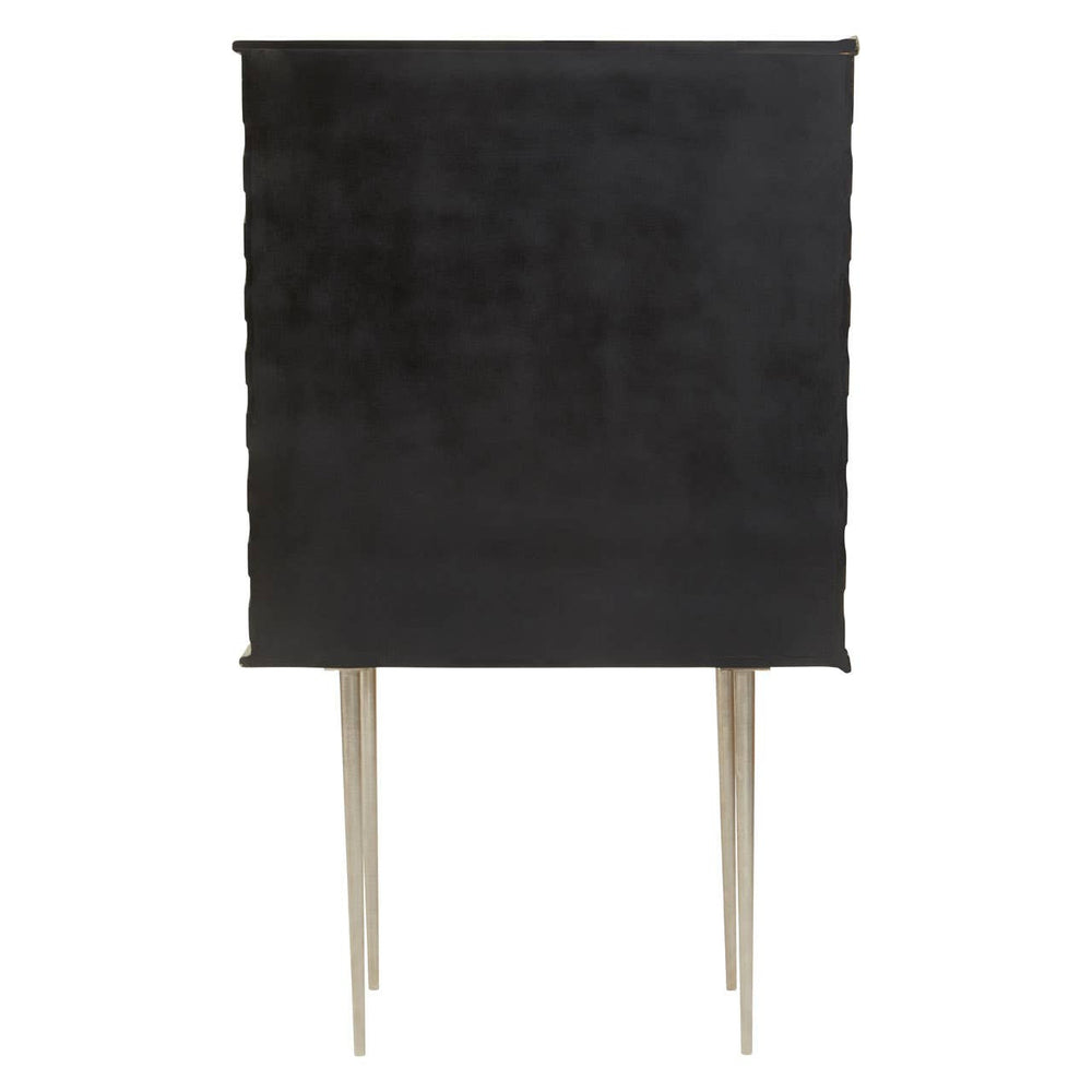 A sleek black two-door cabinet with a textured surface and four slender, light-colored legs, designed for modern home decor