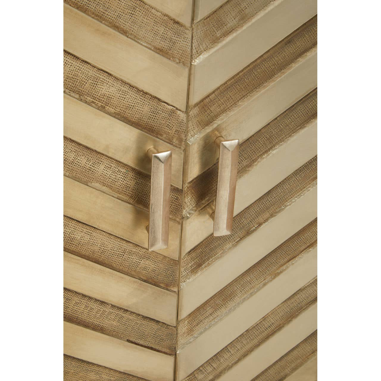 Two-door cabinet featuring a chevron pattern in a light wood finish, with sleek metallic handles for easy access. The design emphasizes a modern aesthetic suitable for home decor
