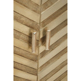 Two-door cabinet featuring a chevron pattern in a light wood finish, with sleek metallic handles for easy access. The design emphasizes a modern aesthetic suitable for home decor