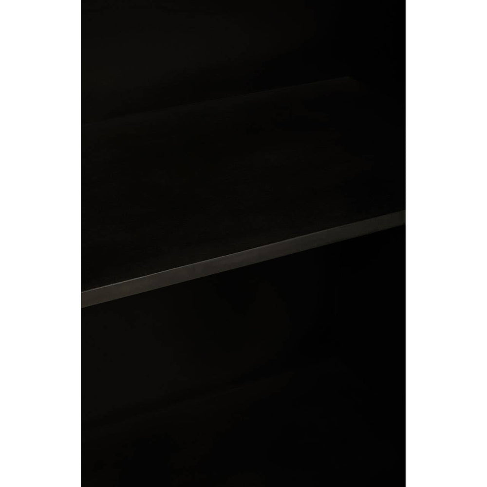 A dark wood two-door cabinet with a sleek design, featuring a smooth surface and visible shelves inside. The cabinet doors are closed, showcasing a minimalist aesthetic