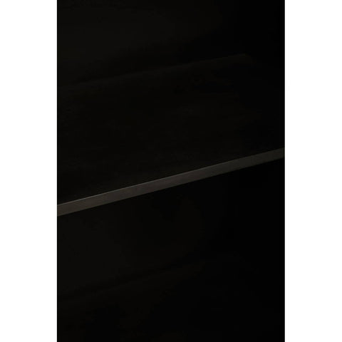 A dark wood two-door cabinet with a sleek design, featuring a smooth surface and visible shelves inside. The cabinet doors are closed, showcasing a minimalist aesthetic