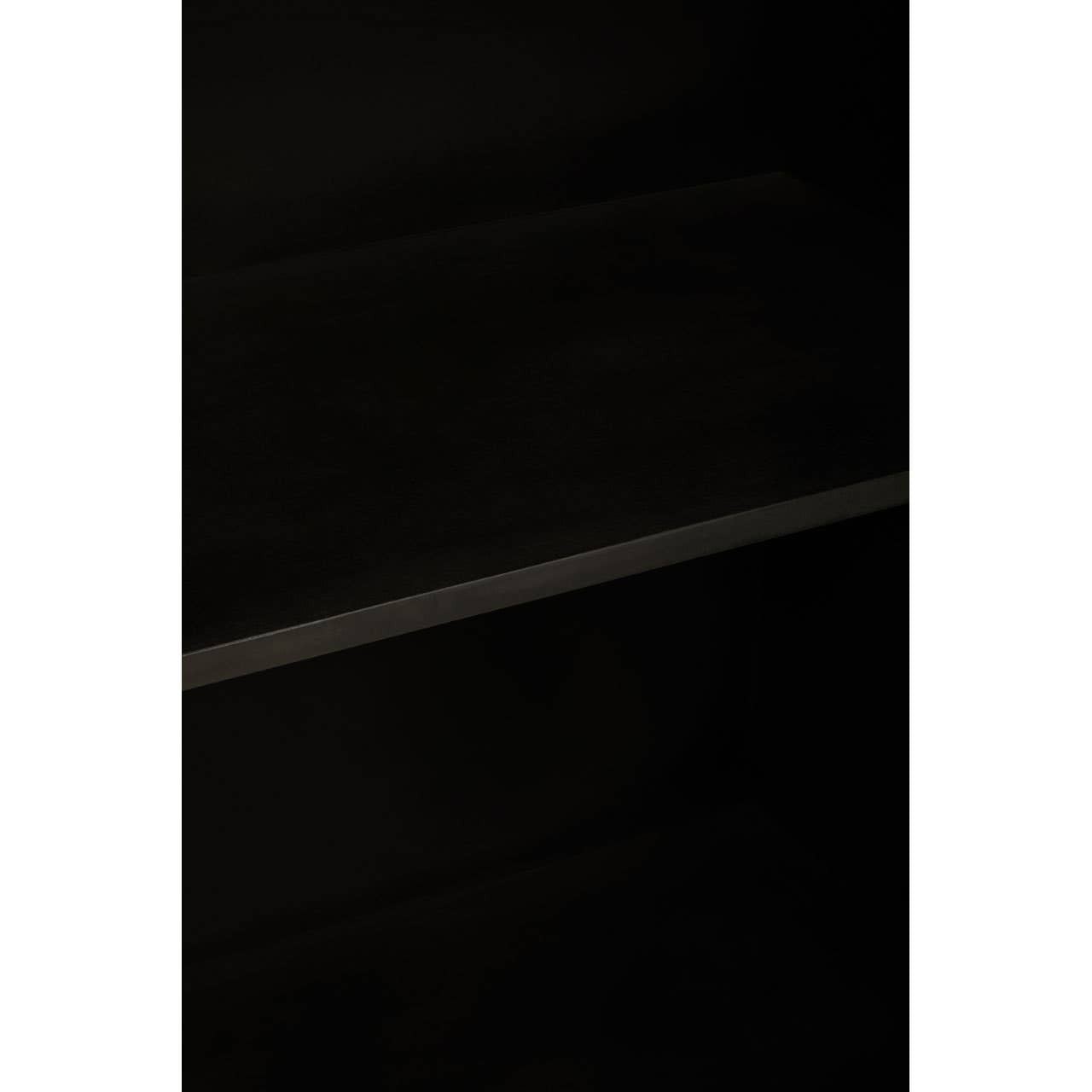 A dark wood two-door cabinet with a sleek design, featuring a smooth surface and visible shelves inside. The cabinet doors are closed, showcasing a minimalist aesthetic