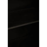 A dark wood two-door cabinet with a sleek design, featuring a smooth surface and visible shelves inside. The cabinet doors are closed, showcasing a minimalist aesthetic