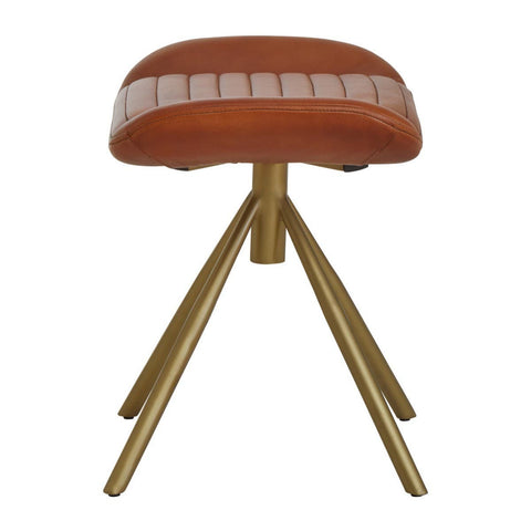 Buffalo tan leather footstool with a cushioned top and a decorative white stripe, supported by three sleek, gold-colored metal legs