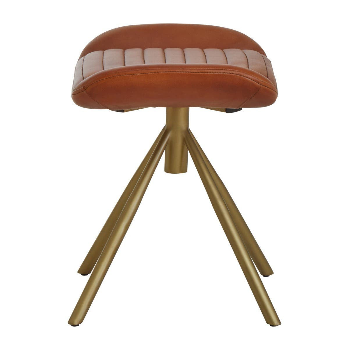 Buffalo tan leather footstool with a cushioned top and a decorative white stripe, supported by three sleek, gold-colored metal legs
