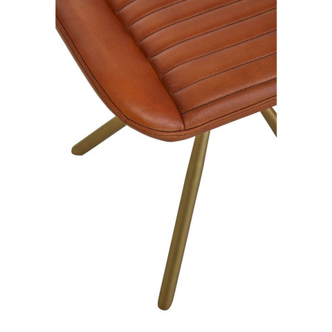Buffalo tan leather footstool with a ribbed design on the seat and three angled wooden legs in a light finish