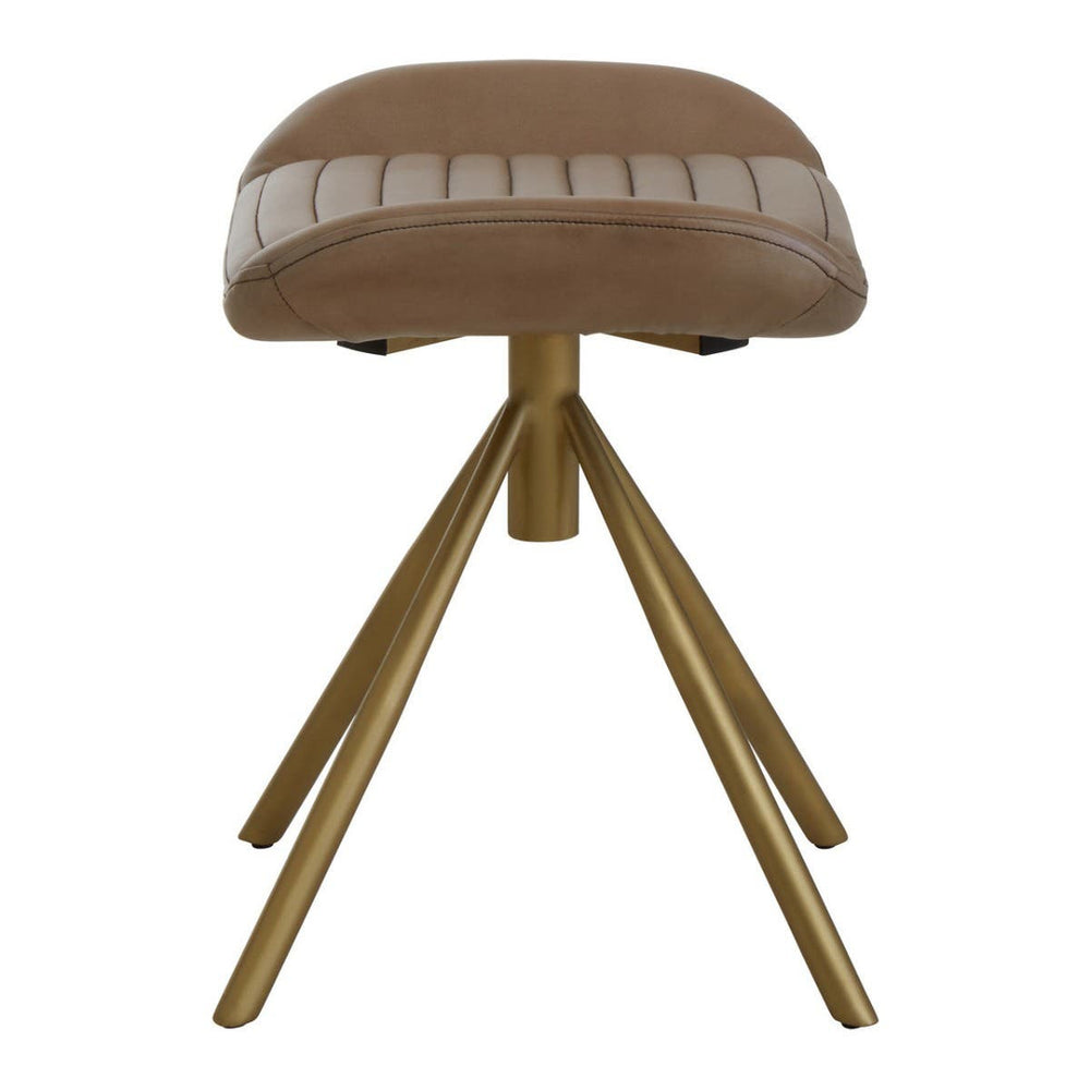 Buffalo grey leather footstool with a curved top and decorative stitching, supported by three wooden legs in a natural finish