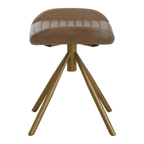 Buffalo grey leather footstool with a curved top and decorative stitching, supported by three wooden legs in a natural finish