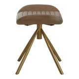 Buffalo grey leather footstool with a curved top and decorative stitching, supported by three wooden legs in a natural finish