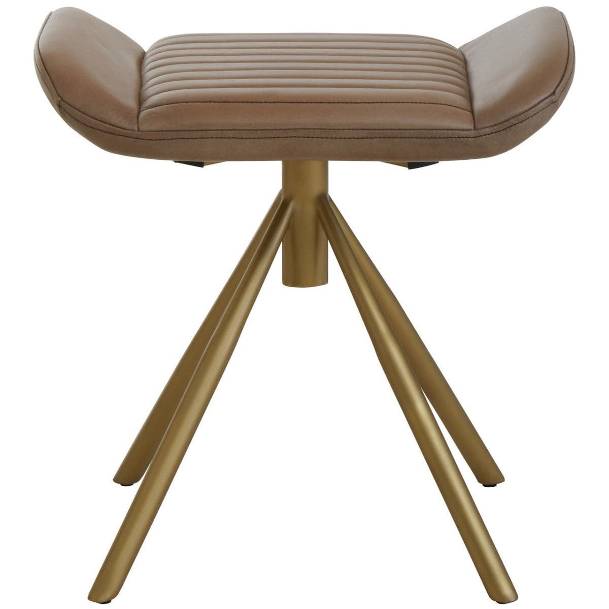Buffalo grey leather footstool with a curved top and gold metal tripod legs, showcasing a modern and stylish design suitable for home decor