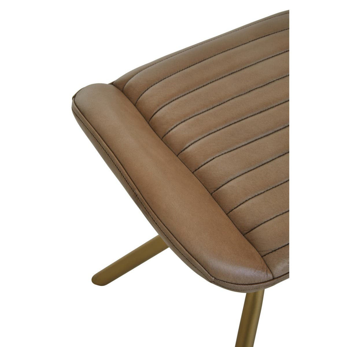 Buffalo grey leather footstool featuring a ribbed design on the seat and a smooth, rounded edge. The footstool is supported by slender wooden legs, showcasing a modern and stylish aesthetic