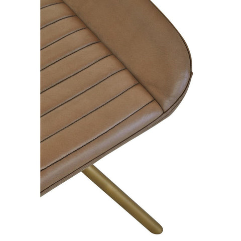 Buffalo grey leather footstool featuring a curved edge and vertical stitching details, supported by a sleek gold metal base