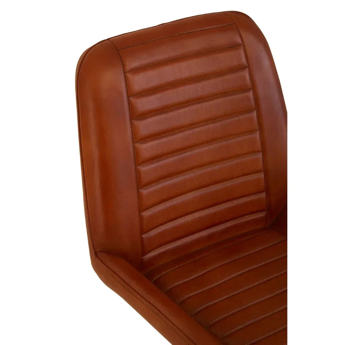 Brown faux leather dining chair with ribbed backrest close-up