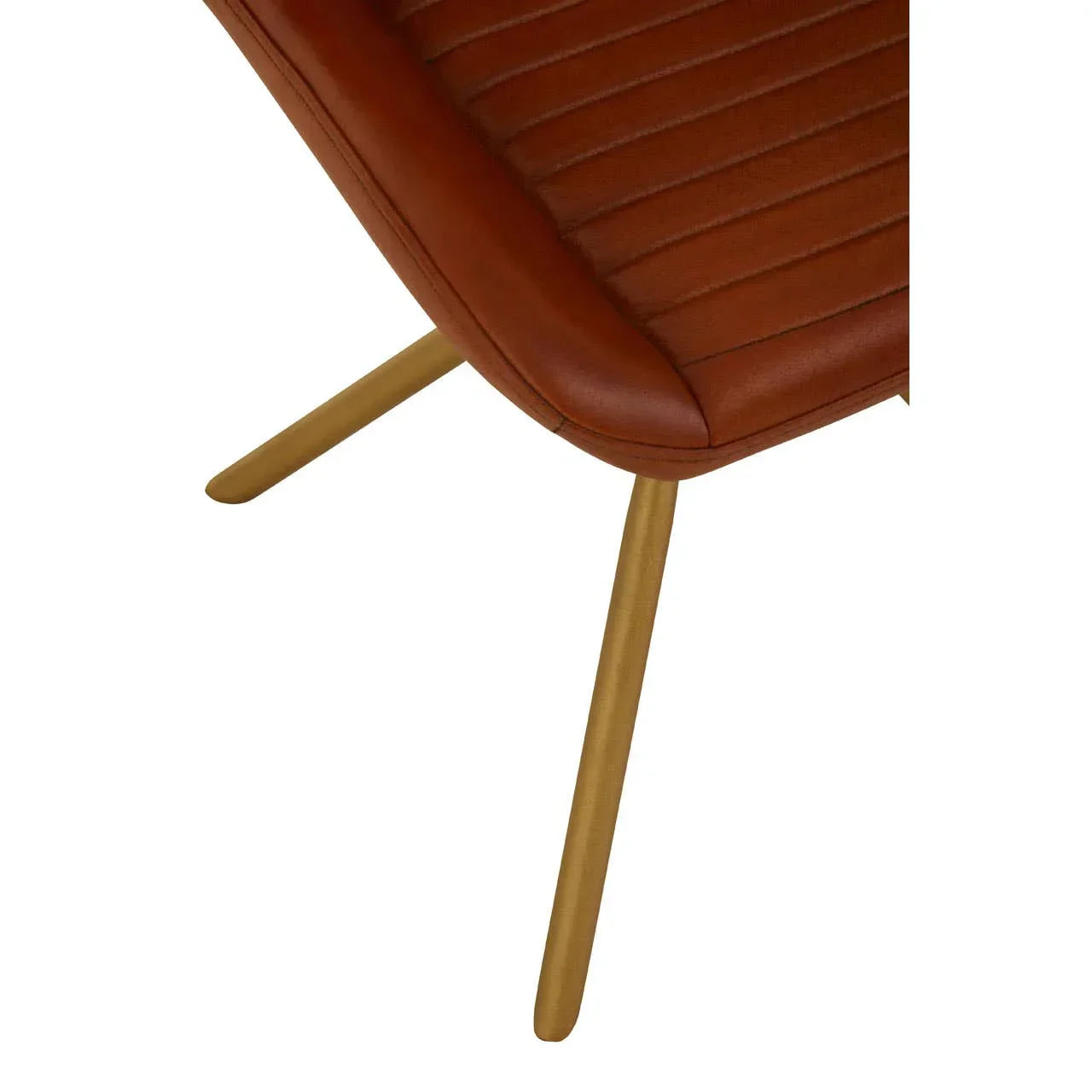 Close up of brown leather dining chair seat with gold metal legs and stitched detail