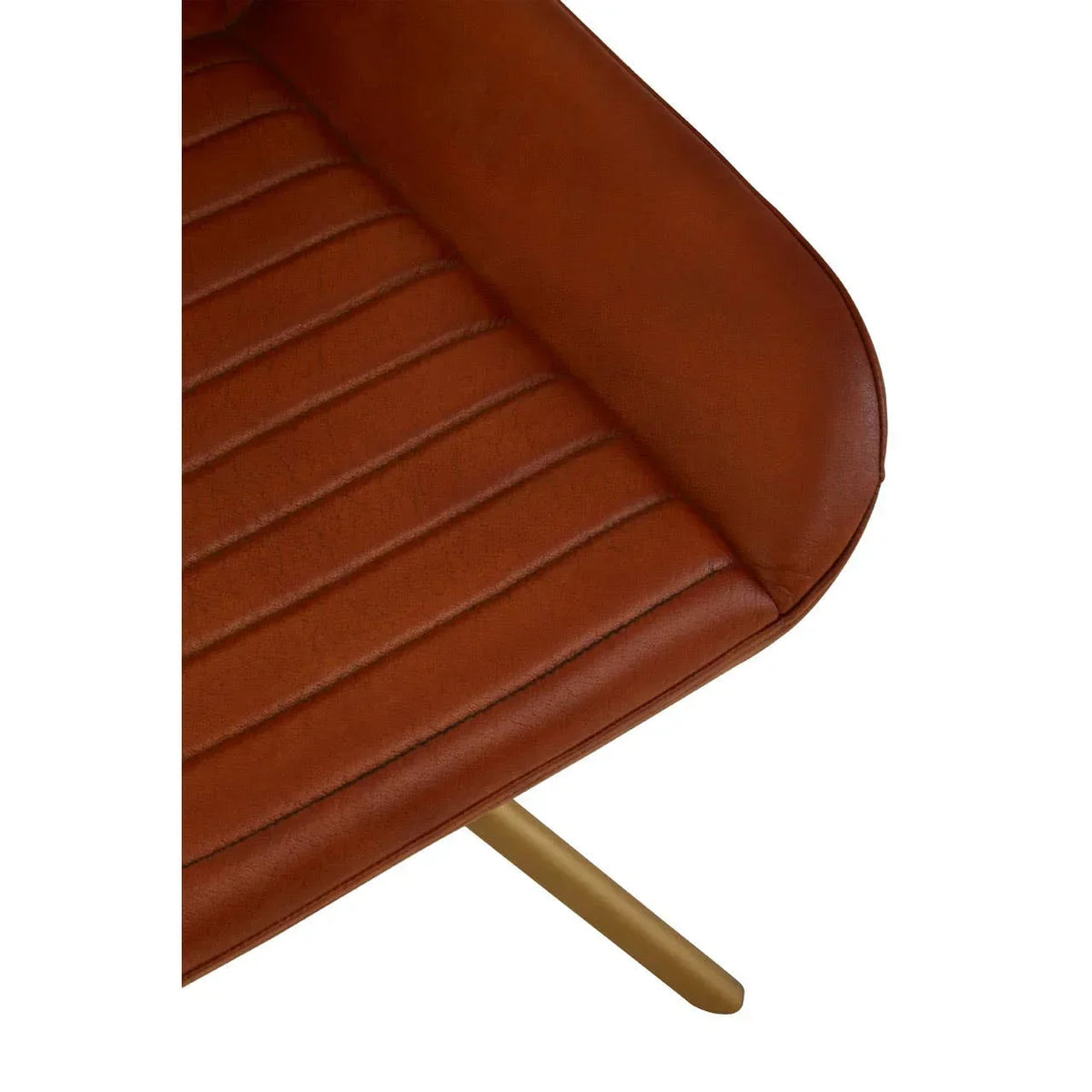 Brown faux leather dining chair seat with gold metal leg, close up view