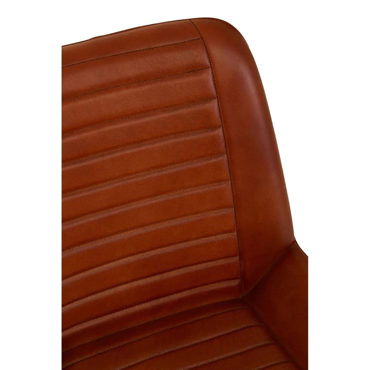 Brown leather dining chair with stitched ribbed backrest close-up