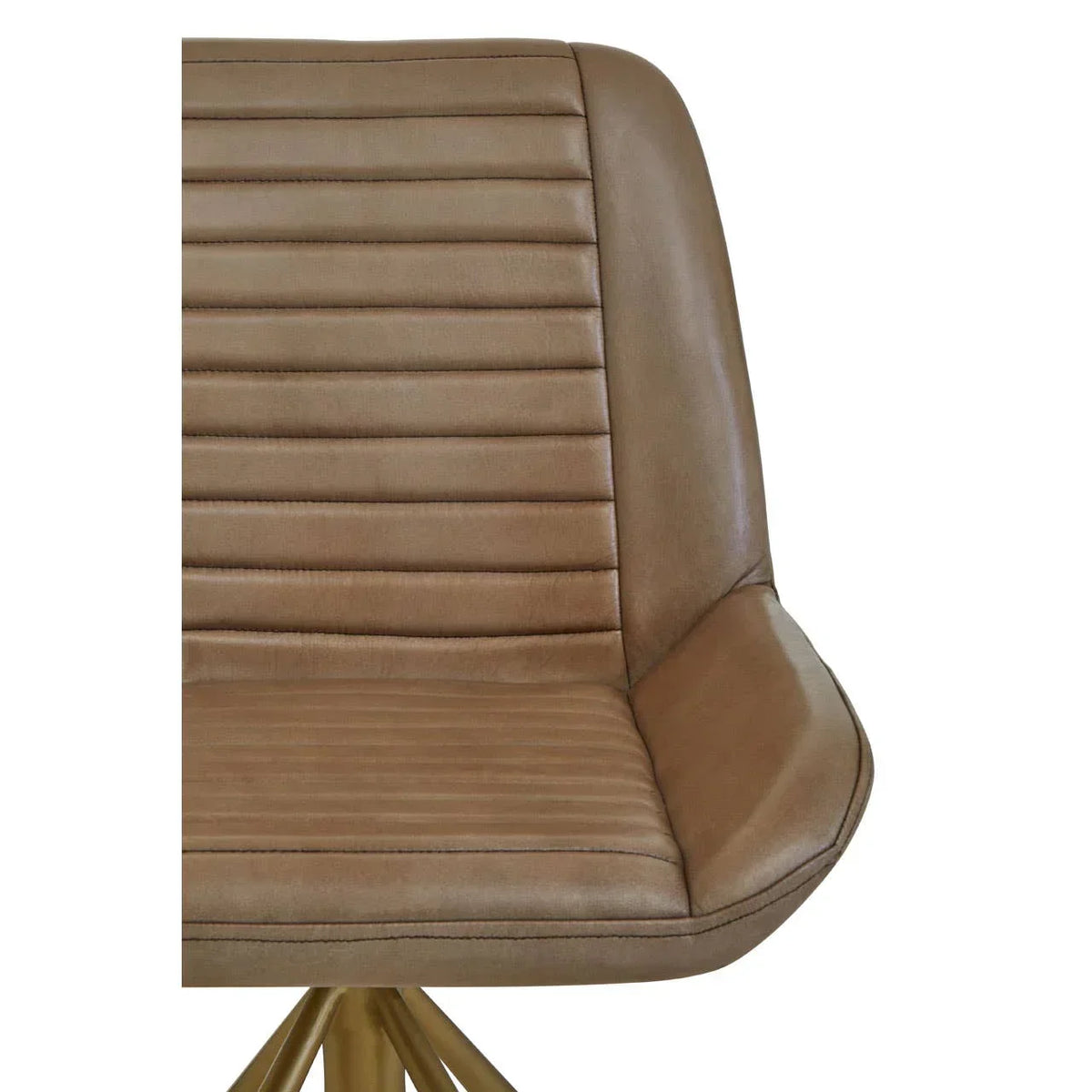 Tan leather dining chair with horizontal stitching and gold metal legs closeup
