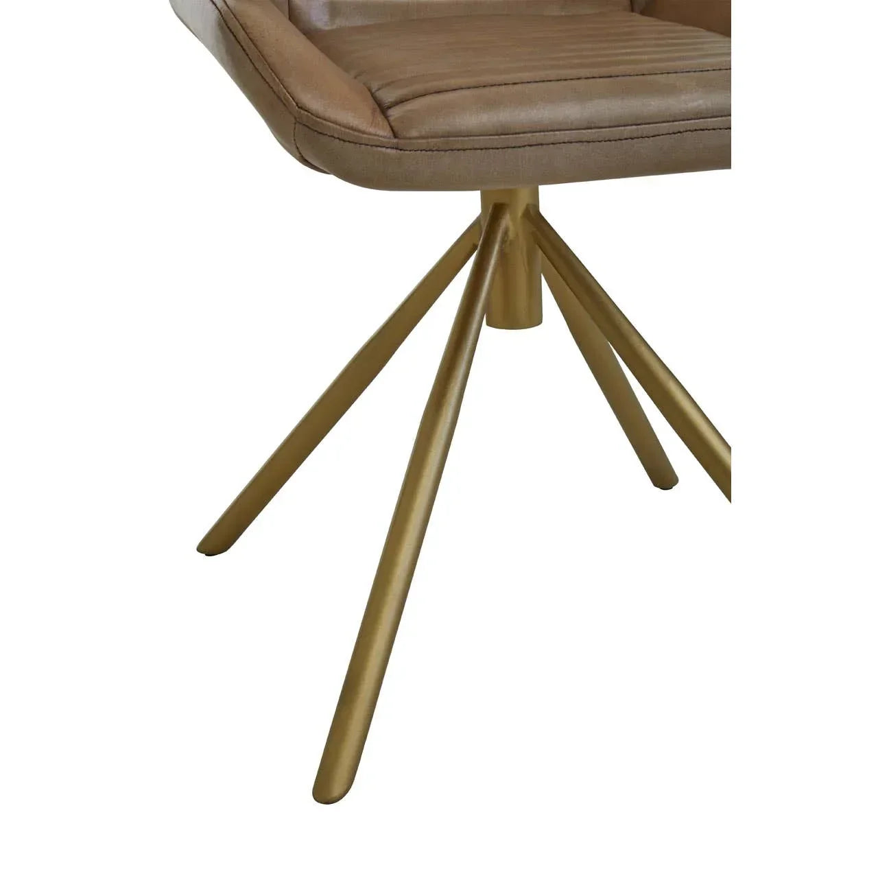 Brown faux leather dining chair seat with gold metal legs, close detail view