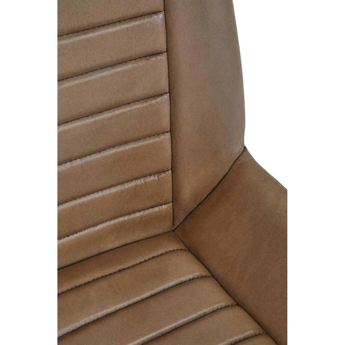 Close-up of brown faux leather dining chair with horizontal stitched detail