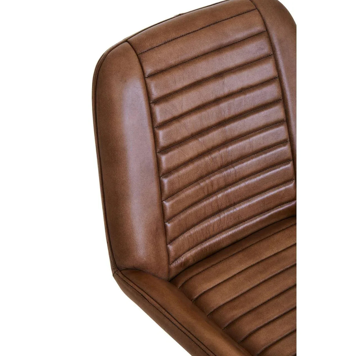 Brown leather dining chair with horizontal stitched detailing, close-up of seat and backrest