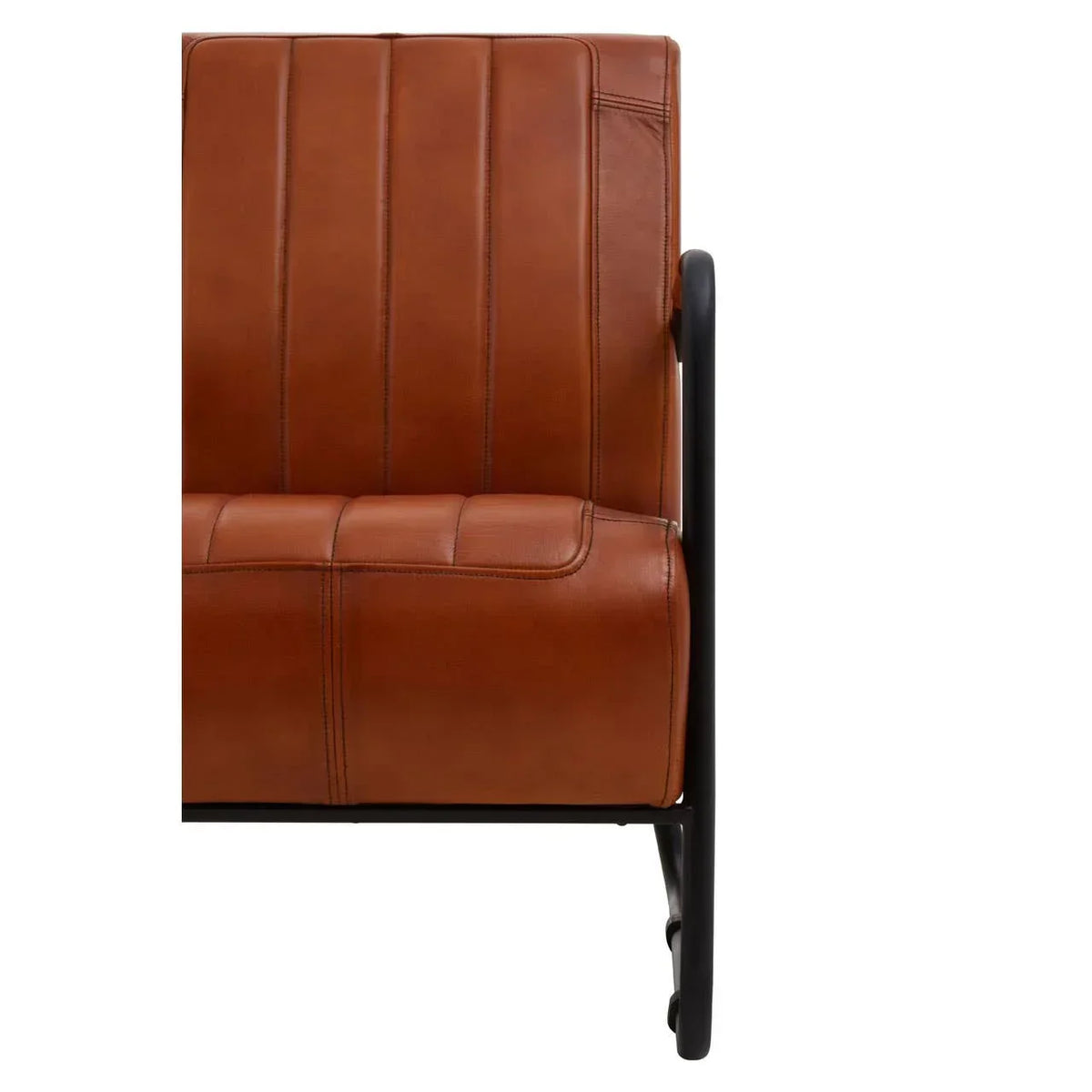 Brown leather sofa detail with black metal frame and vertical stitching