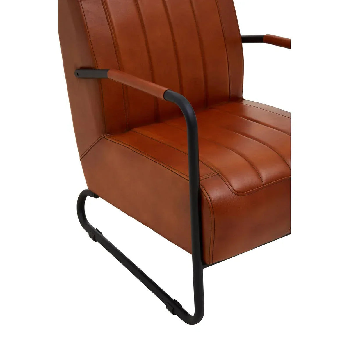 Brown leather accent chair with black metal frame and armrests, front angled view