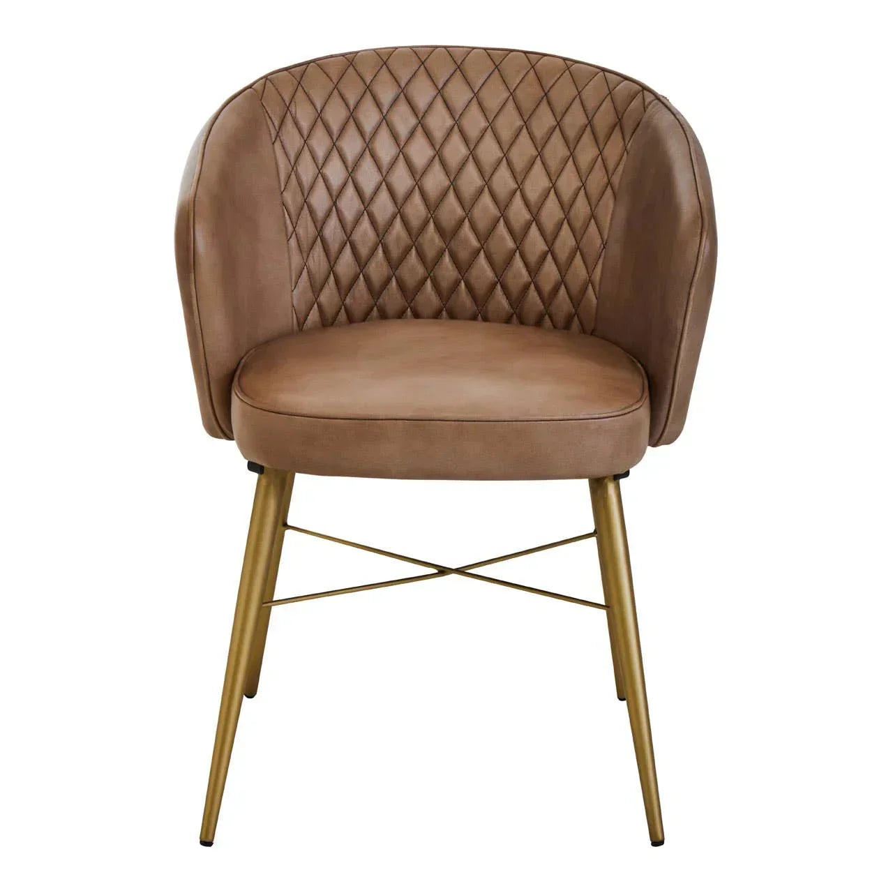 Brown leather dining chair with quilted backrest and gold metal legs, front view