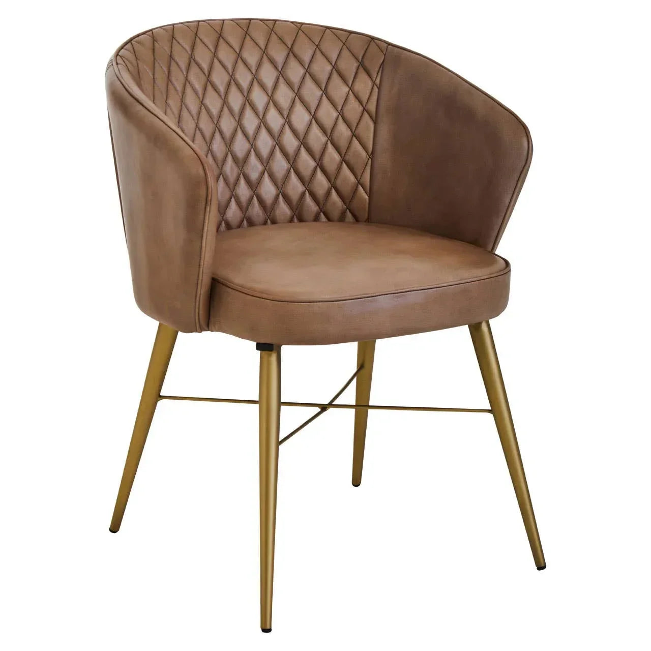 Brown faux leather dining chair with quilted backrest and gold metal legs