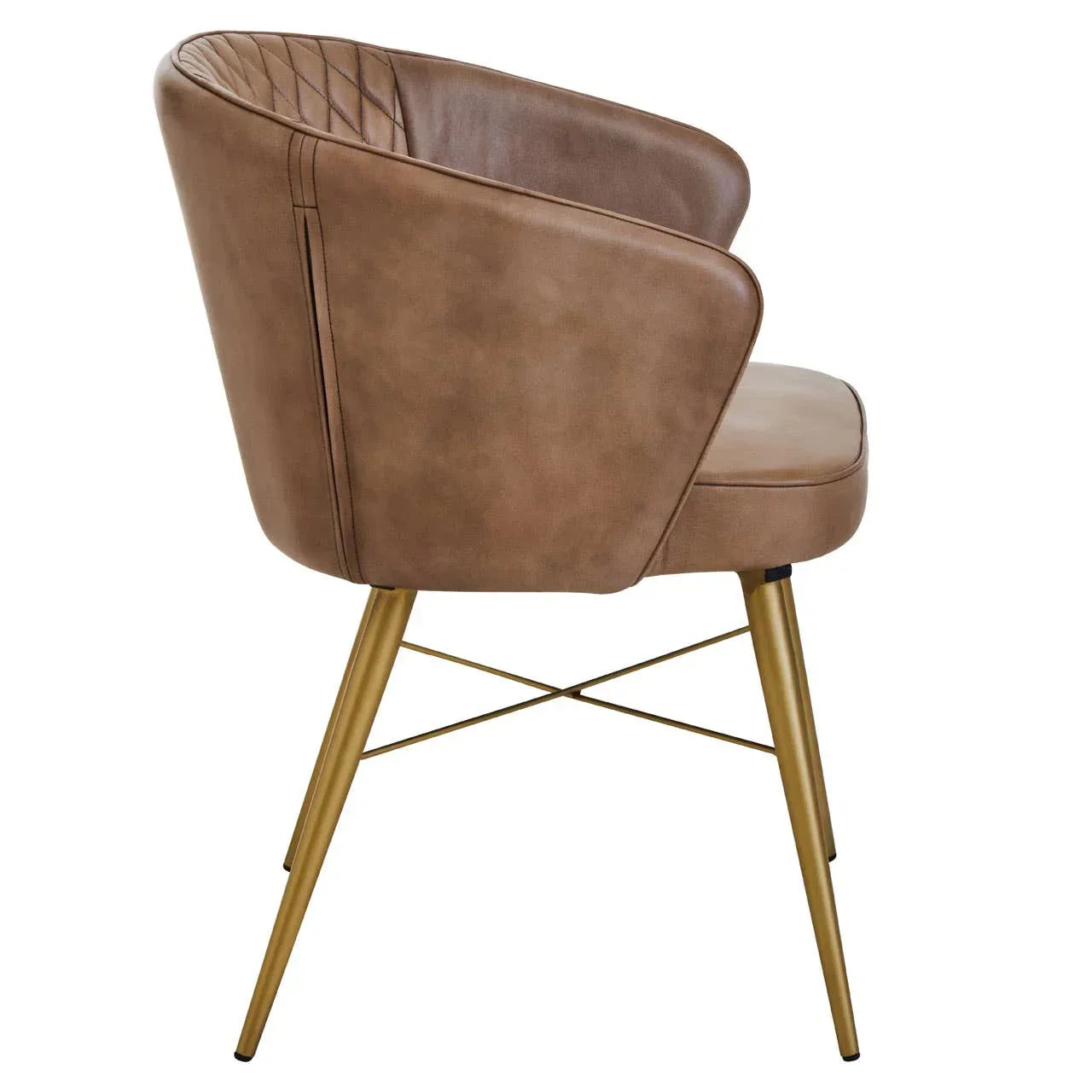 Brown faux leather dining chair with quilted backrest and gold metal legs, side view