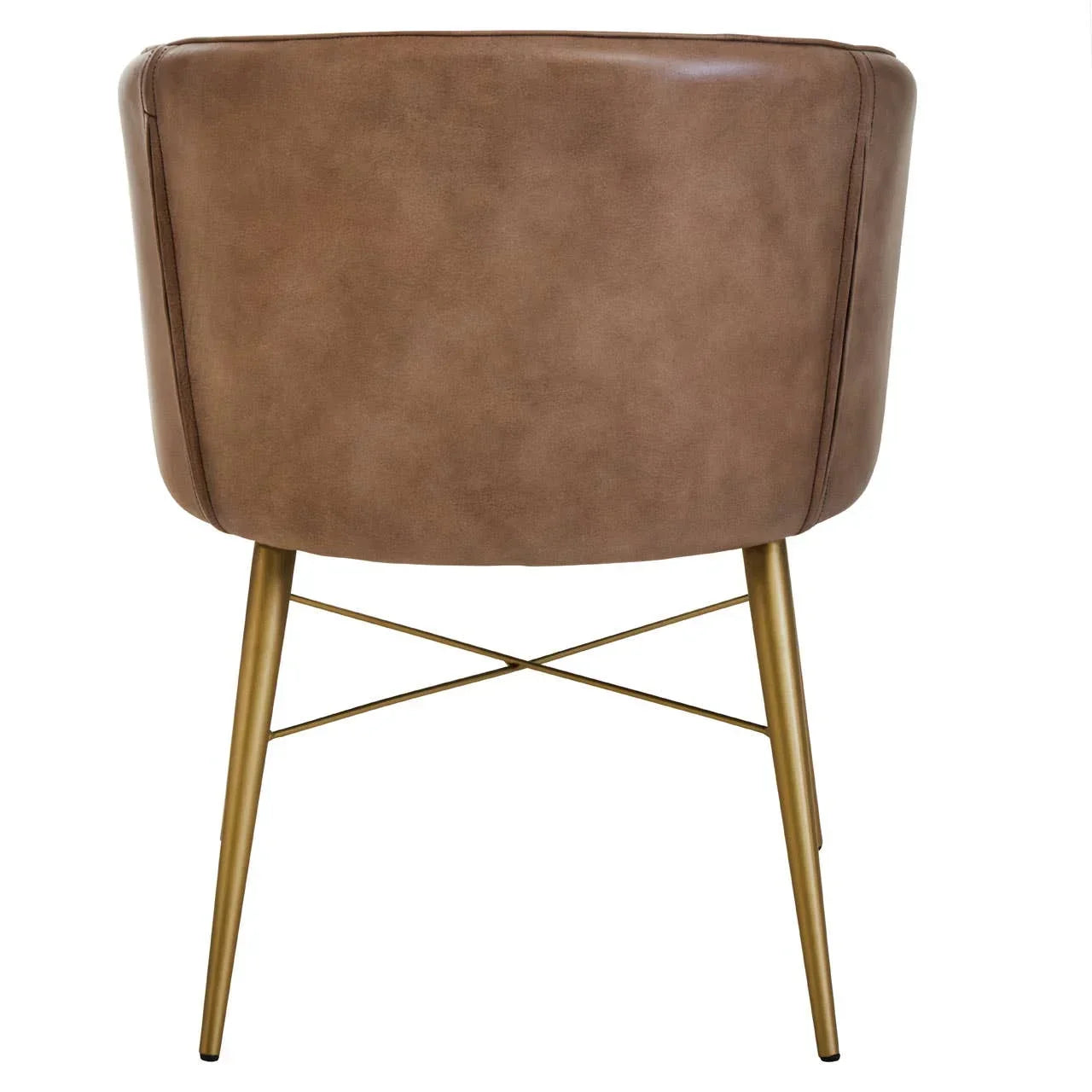 Brown faux leather dining chair with gold metal legs, rear view