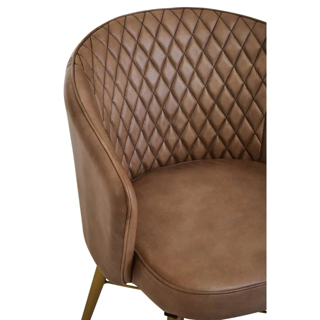 Brown faux leather dining chair with quilted backrest and gold legs, front angle view