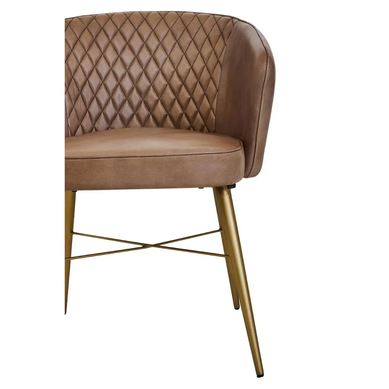 Brown leather dining chair with quilted backrest and gold metal legs, partial side view