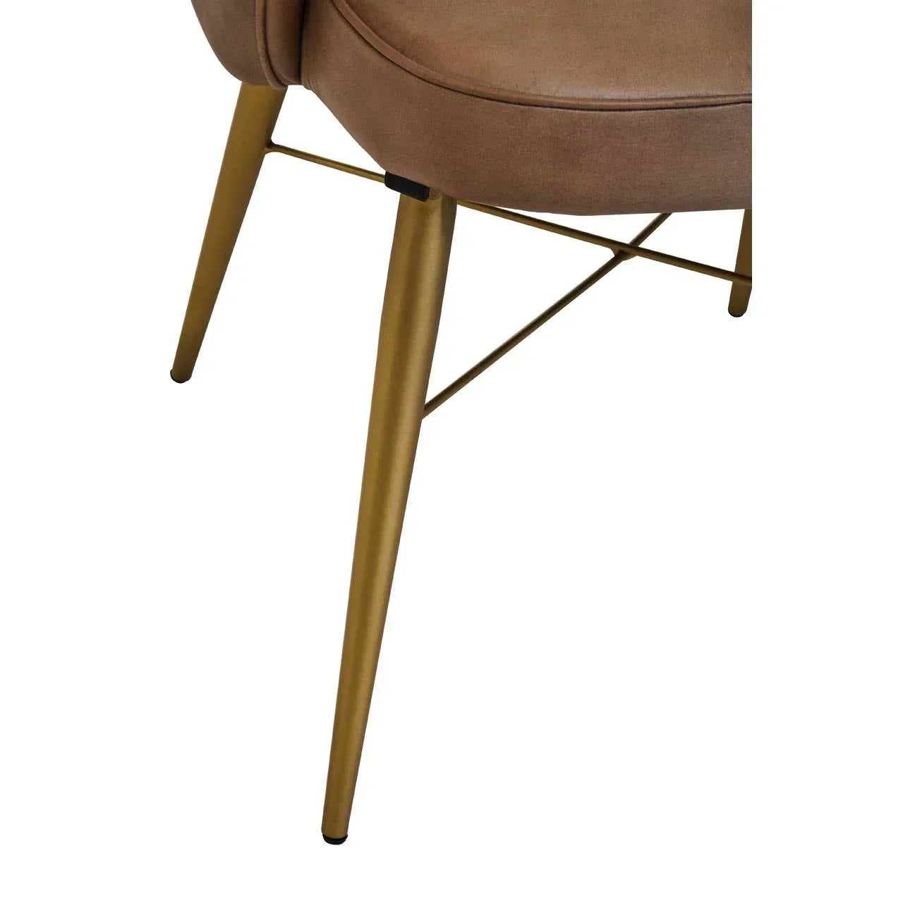 Brown dining chair with gold metal legs and padded seat closeup