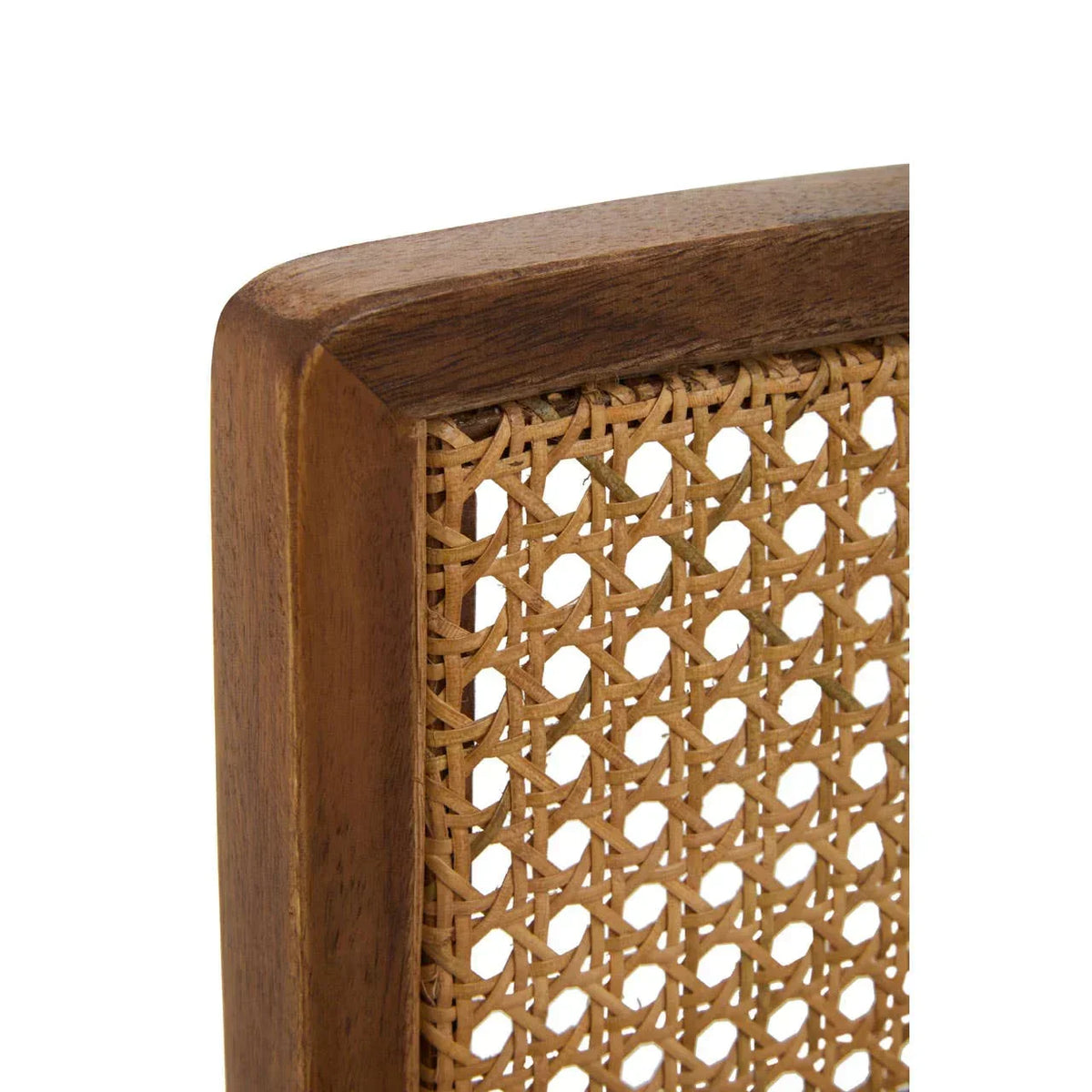 Closeup of wooden chair back with woven rattan panel and natural finish