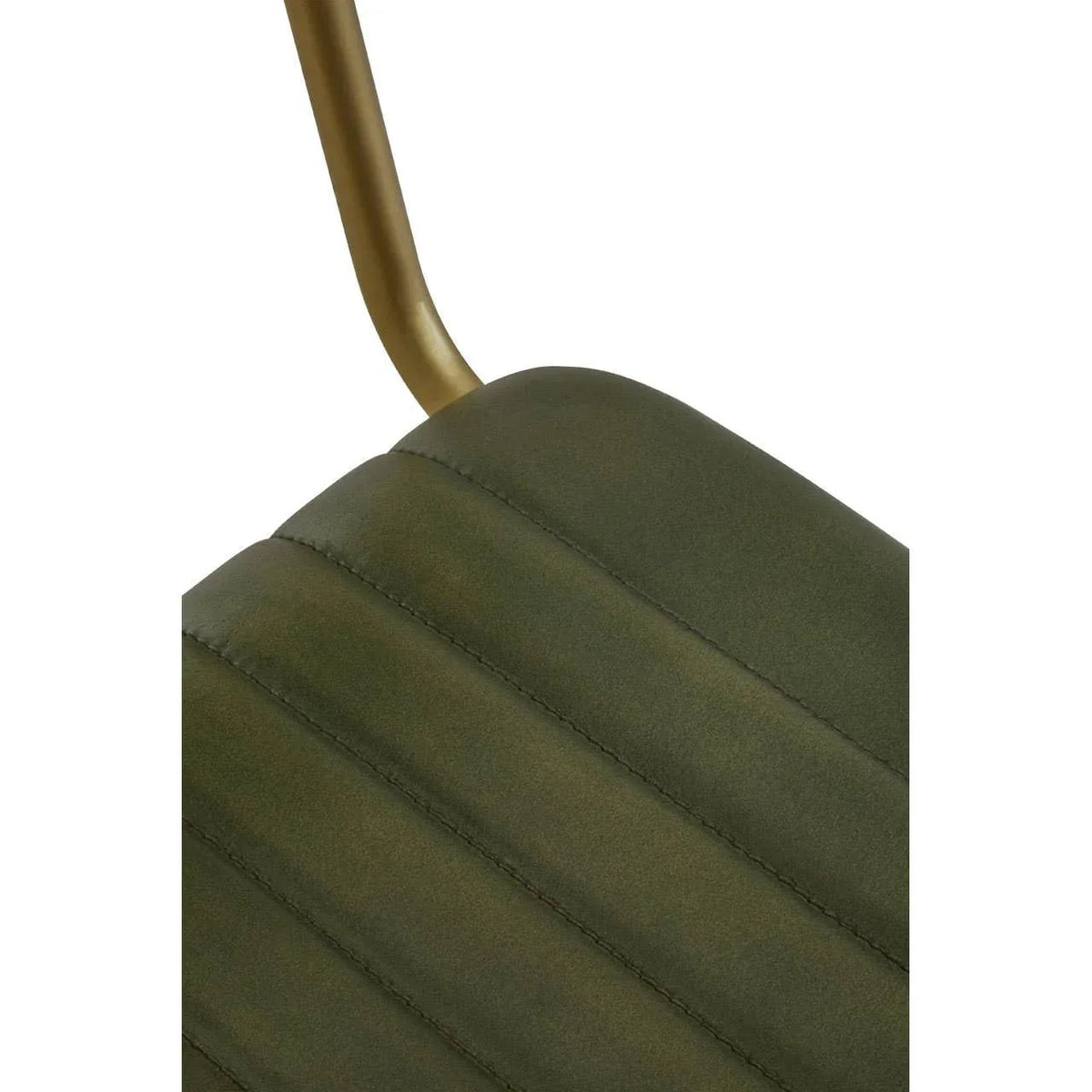 Close view of olive green dining chair seat with gold metal frame