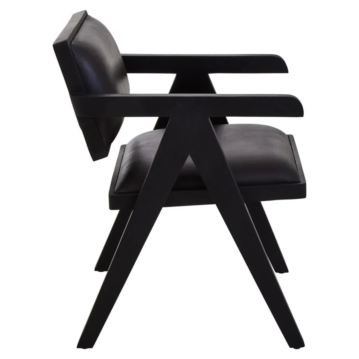 Black wooden accent chair with padded seat and backrest, side profile view