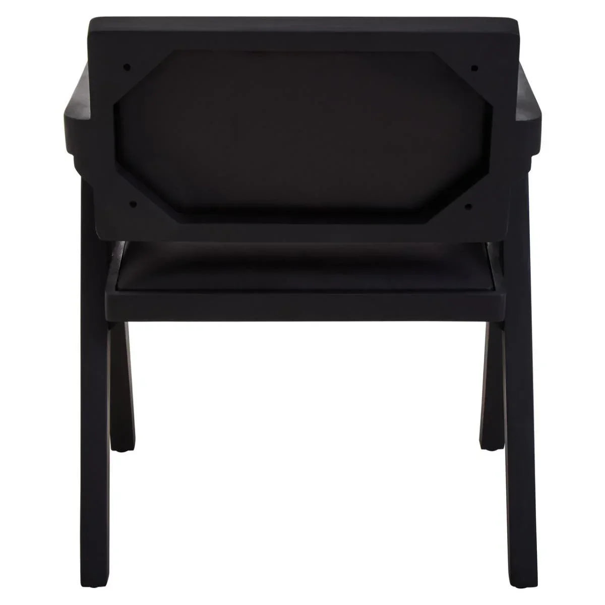 Back view of modern black dining chair with solid wood frame and padded seat