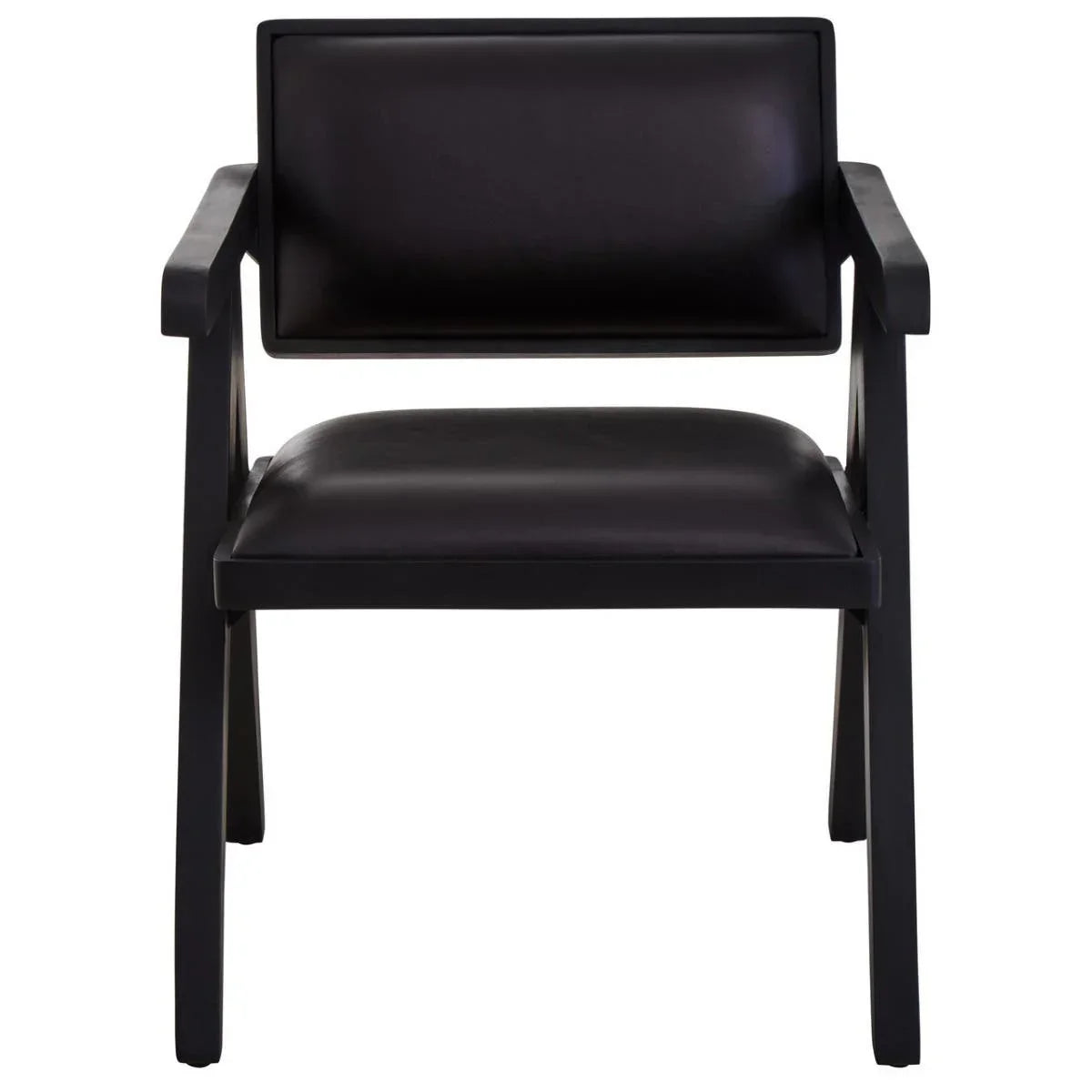 Black faux leather dining chair with padded seat and backrest, front view