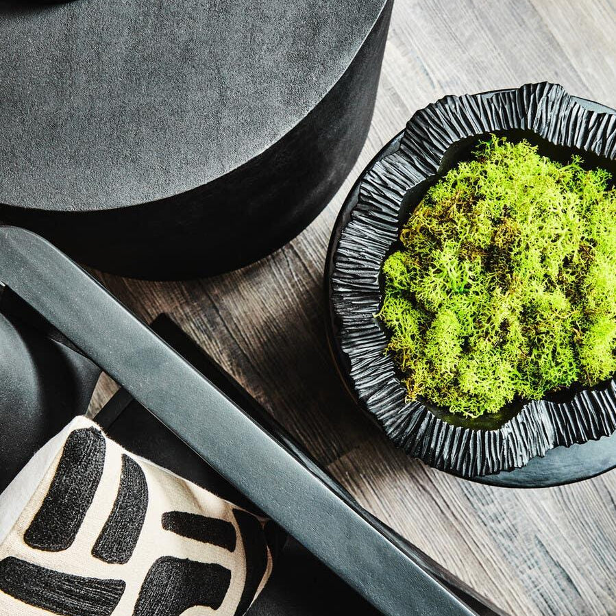 Black side table, green decorative plant, and patterned cushion on wood floor