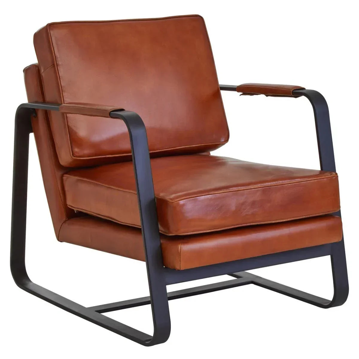 Brown leather accent chair with black metal frame and cushioned seat in angled view