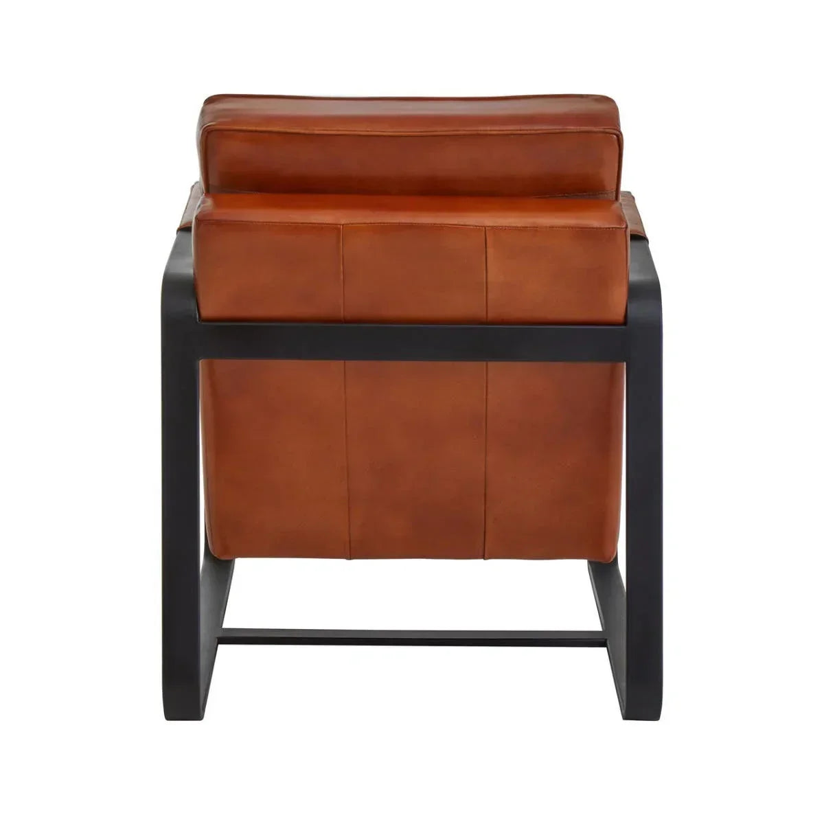 Rear view of brown leather armchair with black metal frame