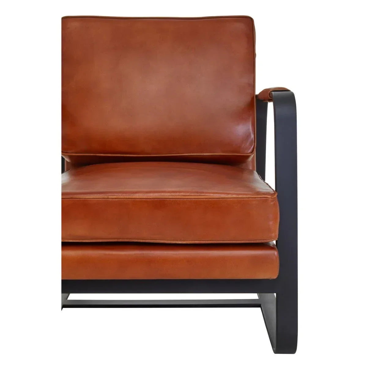 Brown leather armchair with black metal frame close-up